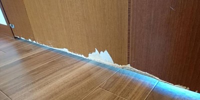 噛まれて下部の角が削れ、木目柄のシートを剥がされたツートンカラーのドア